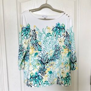 Charter Club White Blouse with Yellow and Green Floral Design